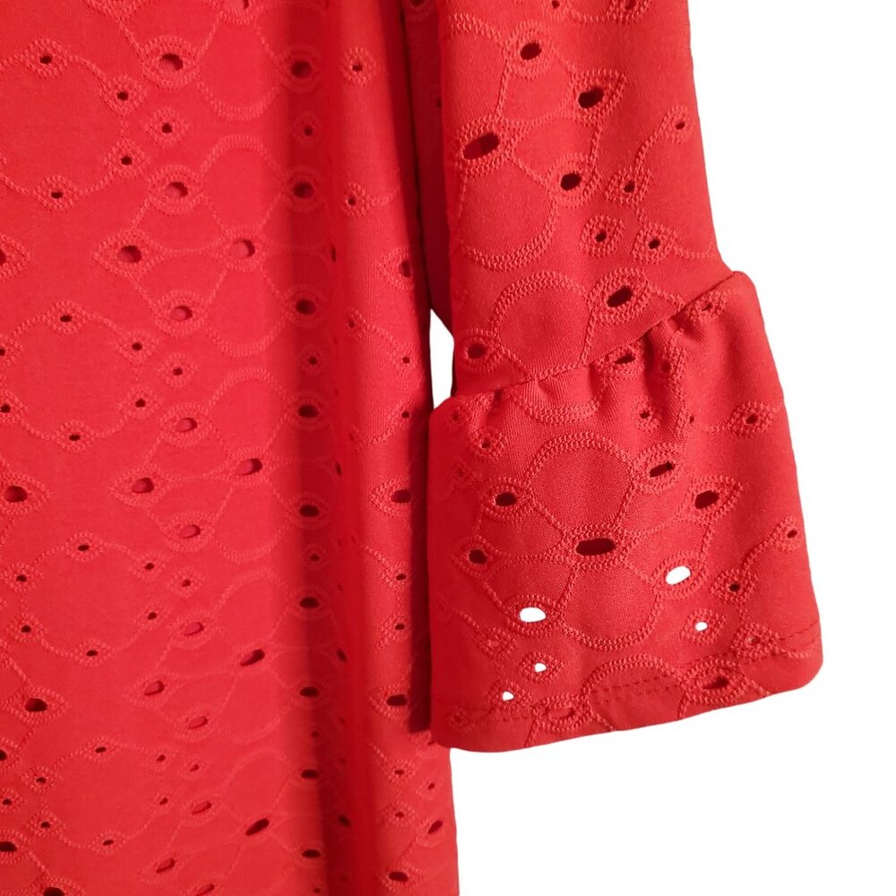 Tiana B Size 18W Dress Shift Stretch Eyelet Overlay Ruffle Bell Sleeve Midi Red - Picture 10 of 14